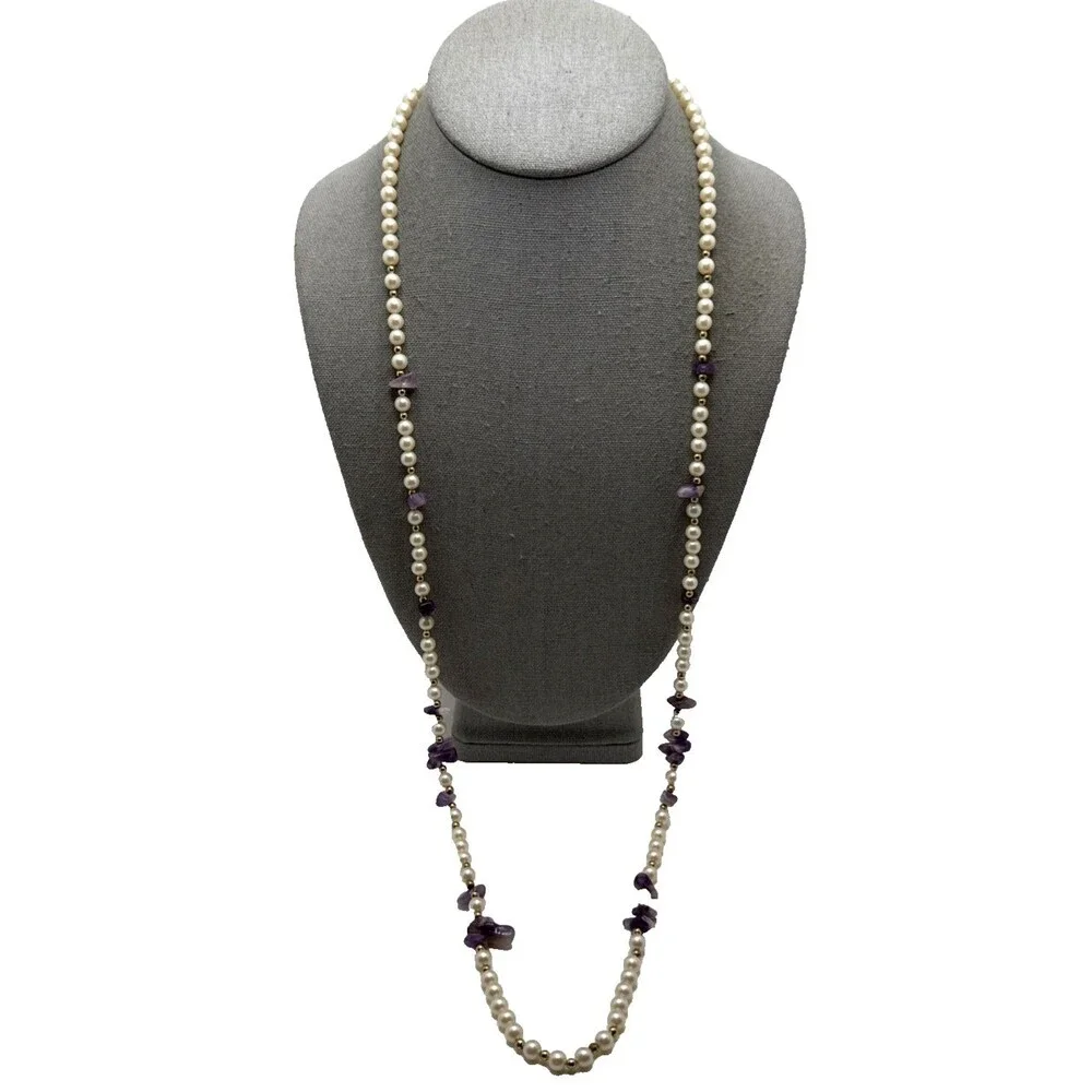 Vintage Faux Pearl Amethyst Chip Station Necklace Long Stone Boho Energy Calming
